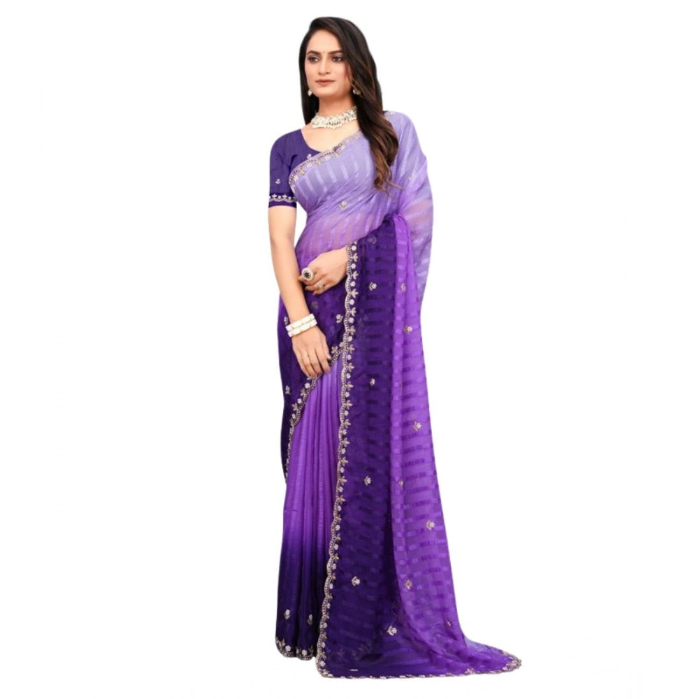 Generic Women's Chiffon Embroidred Saree With Unstitched Blouse 5.5Mtr (Purple)