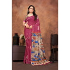 Generic Women's Linen Printed Saree With Unstitched Blouse 5.5Mtr (Purple)