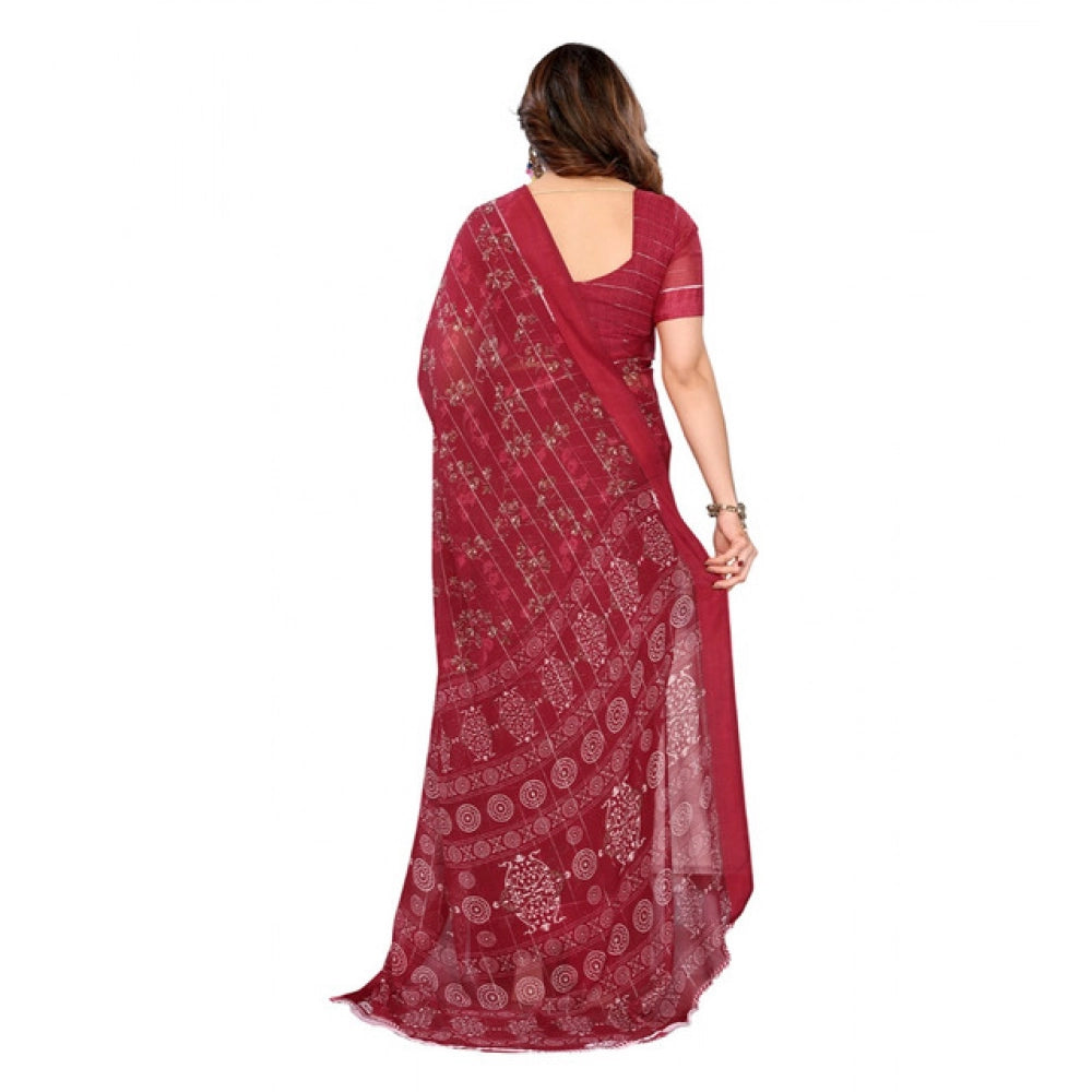 Generic Women's Georgette Printed Saree With Unstitched Blouse 5.5Mtr (Red)