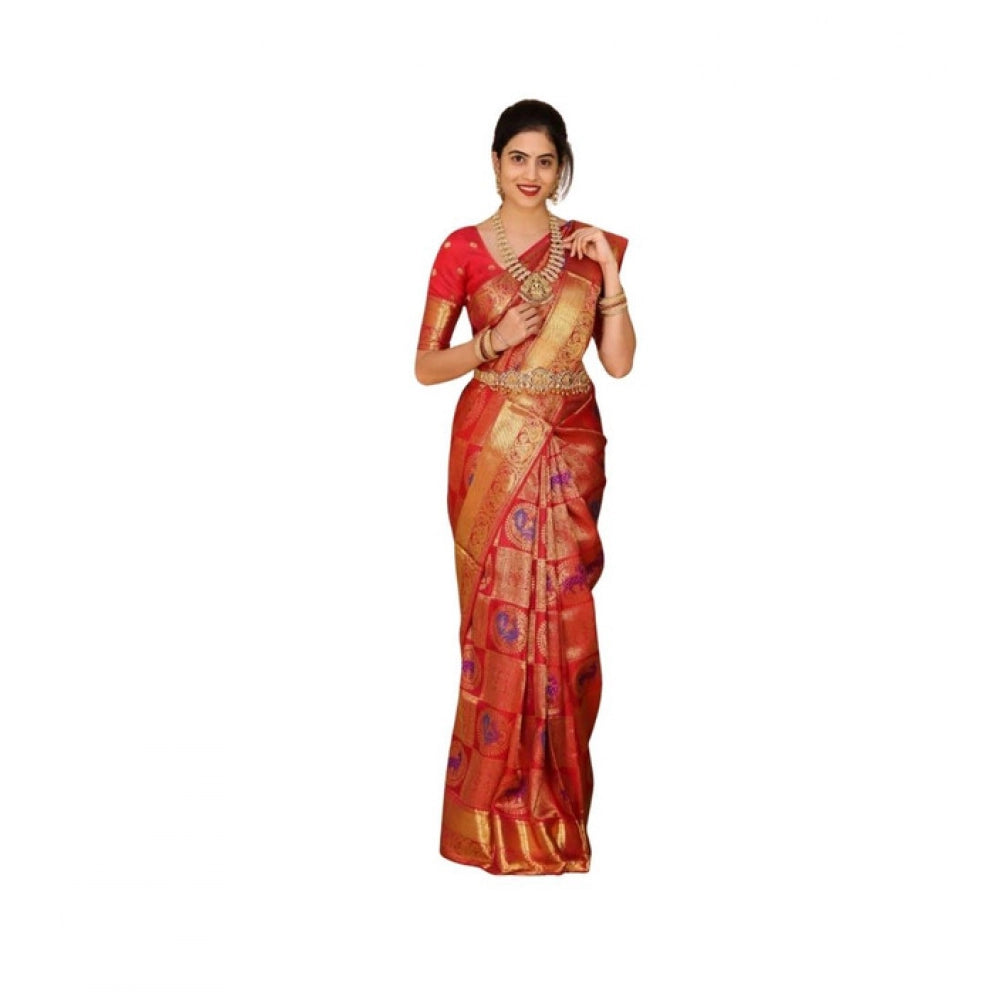 Generic Women's Soft Lichi Silk Printed Saree With Unstitched Blouse 5.5Mtr (Red)