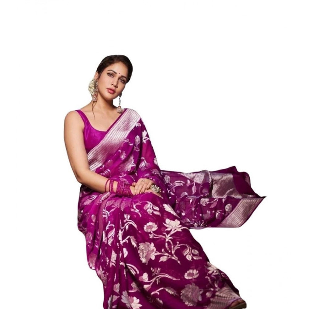 Generic Women's Soft Lichi Silk Printed Saree With Unstitched Blouse 5.5Mtr (Purple)