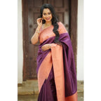 Generic Women's Soft Lichi Silk Printed Saree With Unstitched Blouse 5.5Mtr (Purple)