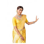 Generic Women's Soft Lichi Silk Printed Saree With Unstitched Blouse 5.5Mtr (Yellow)