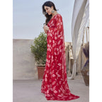 Generic Women's Chiffon Printed Saree With Unstitched Blouse 5.5Mtr (Red)