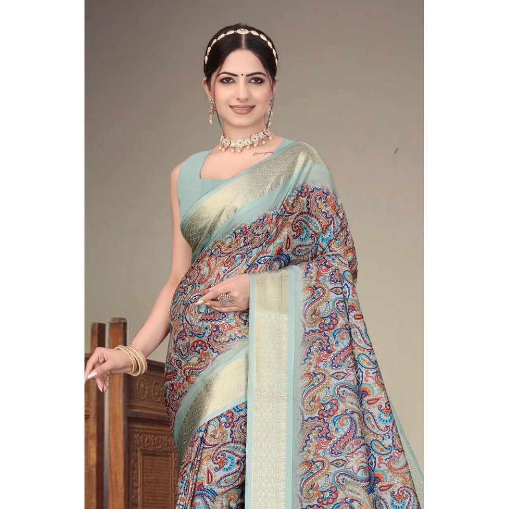 Generic Women's Cotton Silk  Printed Saree With Unstitched Blouse 5.5Mtr (Multicolor)
