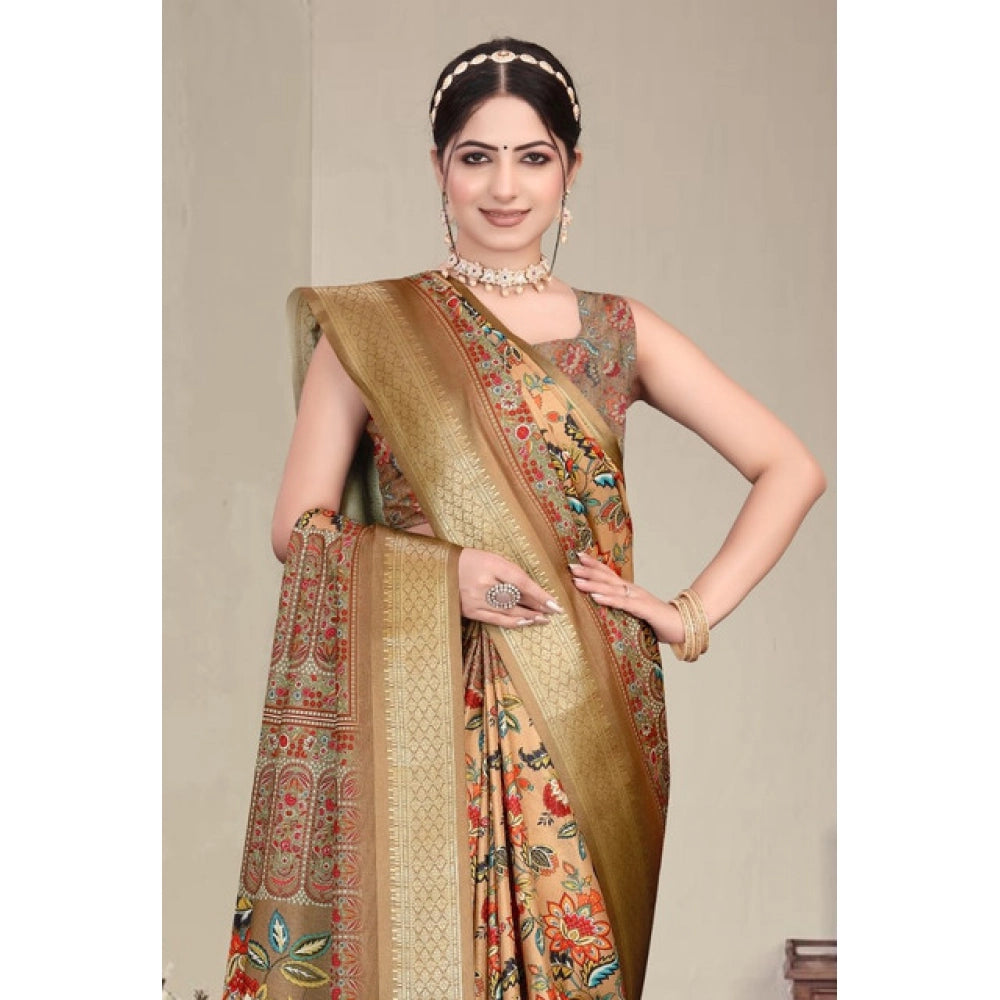 Generic Women's Cotton Silk  Printed Saree With Unstitched Blouse 5.5Mtr (Peach)