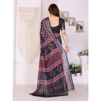 Generic Women's Linen Cotton  Printed Saree With Unstitched Blouse 5.5Mtr (Black)
