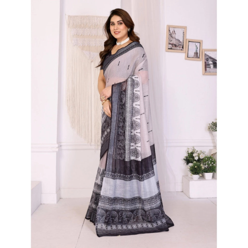 Generic Women's Linen Cotton  Printed Saree With Unstitched Blouse 5.5Mtr (White &amp; Black)