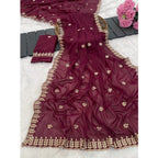 Generic Women's Georgette Embroidered Saree With Unstitched Blouse 5.5Mtr (Red)