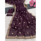Generic Women's Georgette Embroidered Saree With Unstitched Blouse 5.5Mtr (Wine)