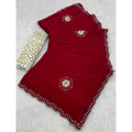Generic Women's Chiffon Butti Dotted Saree With Unstitched Blouse 5.5Mtr (Red)