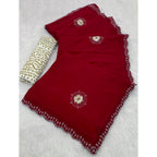 Generic Women's Chiffon Butti Dotted Saree With Unstitched Blouse 5.5Mtr (Red)