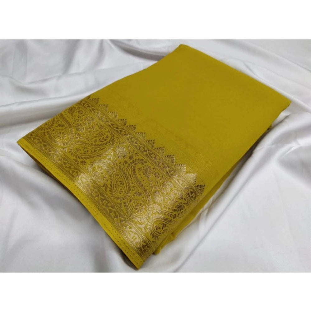 Generic Women's Crepe Chit Pallu Solid Saree With Unstitched Blouse 5.5Mtr (Mustard Yellow)