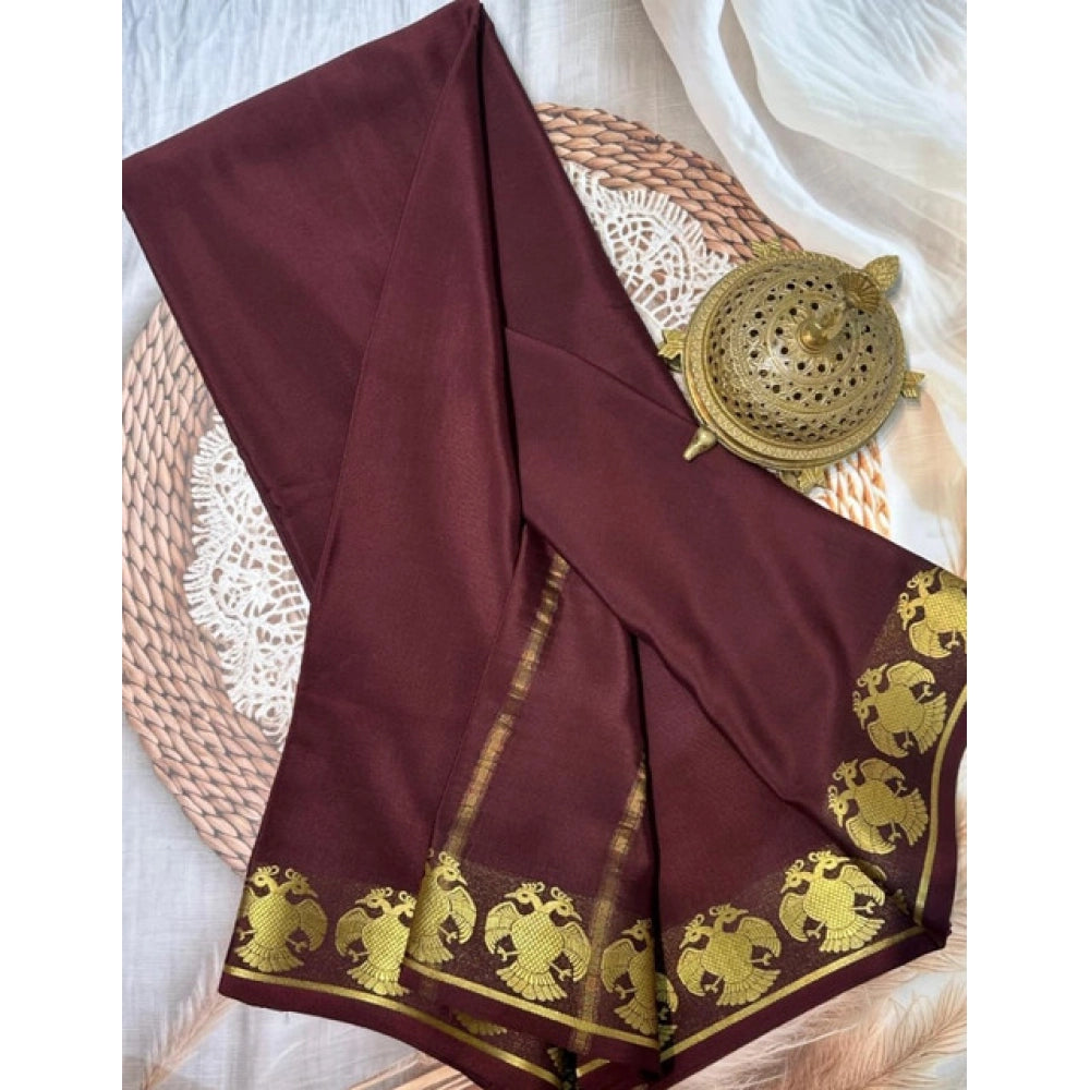 Generic Women's Crepe Chit Pallu Solid Saree With Unstitched Blouse 5.5Mtr (Brown)