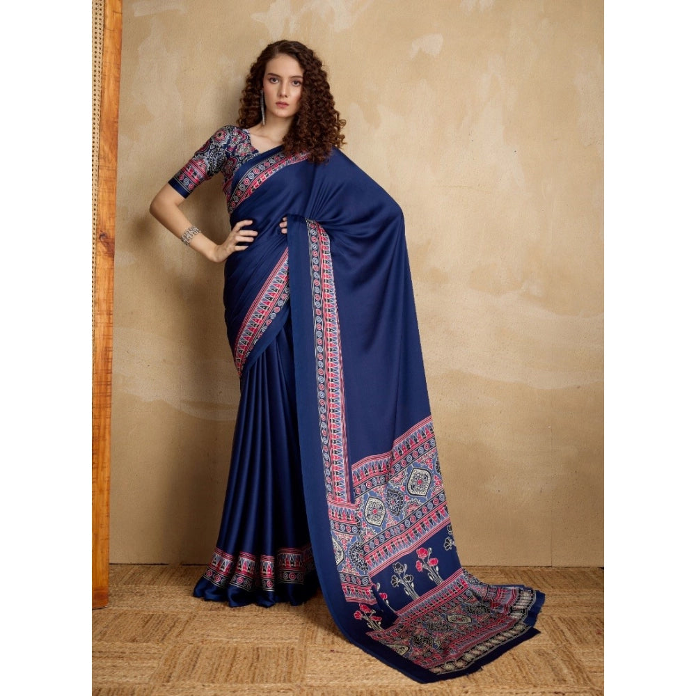 Generic Women's Satin Crepe Printed Saree With Unstitched Blouse 5.5Mtr (Navy Blue)
