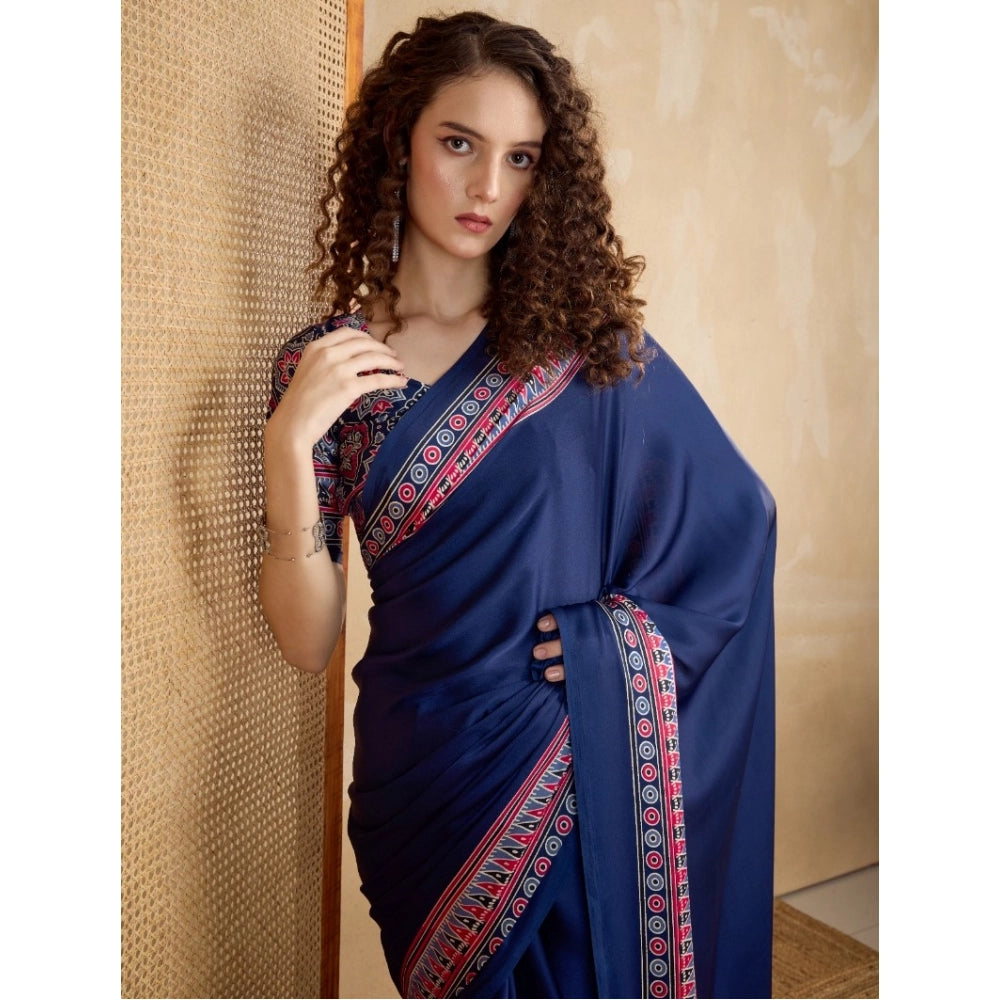 Generic Women's Satin Crepe Printed Saree With Unstitched Blouse 5.5Mtr (Navy Blue)