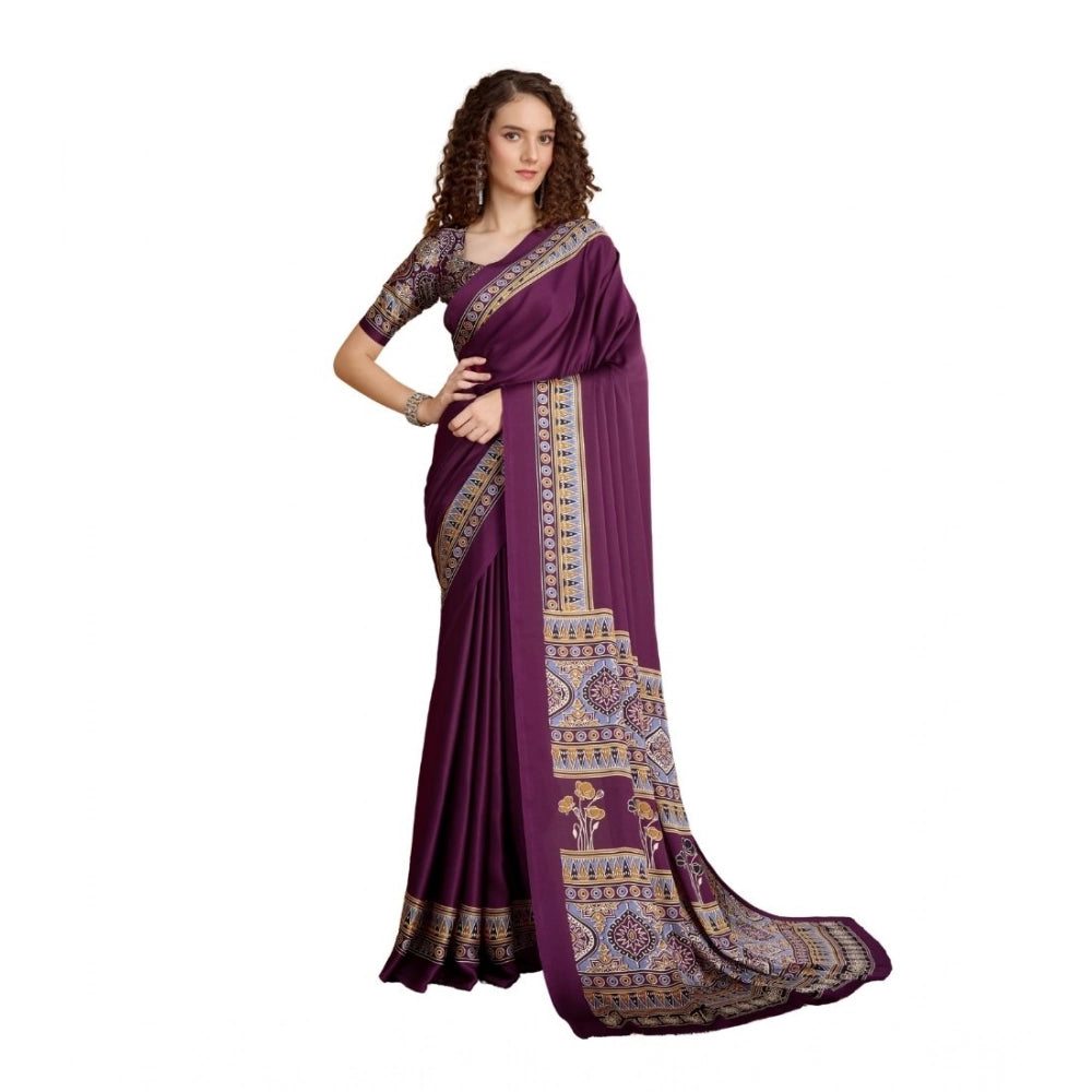 Generic Women's Satin Crepe Printed Saree With Unstitched Blouse 5.5Mtr (Purple)