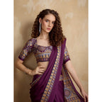 Generic Women's Satin Crepe Printed Saree With Unstitched Blouse 5.5Mtr (Purple)