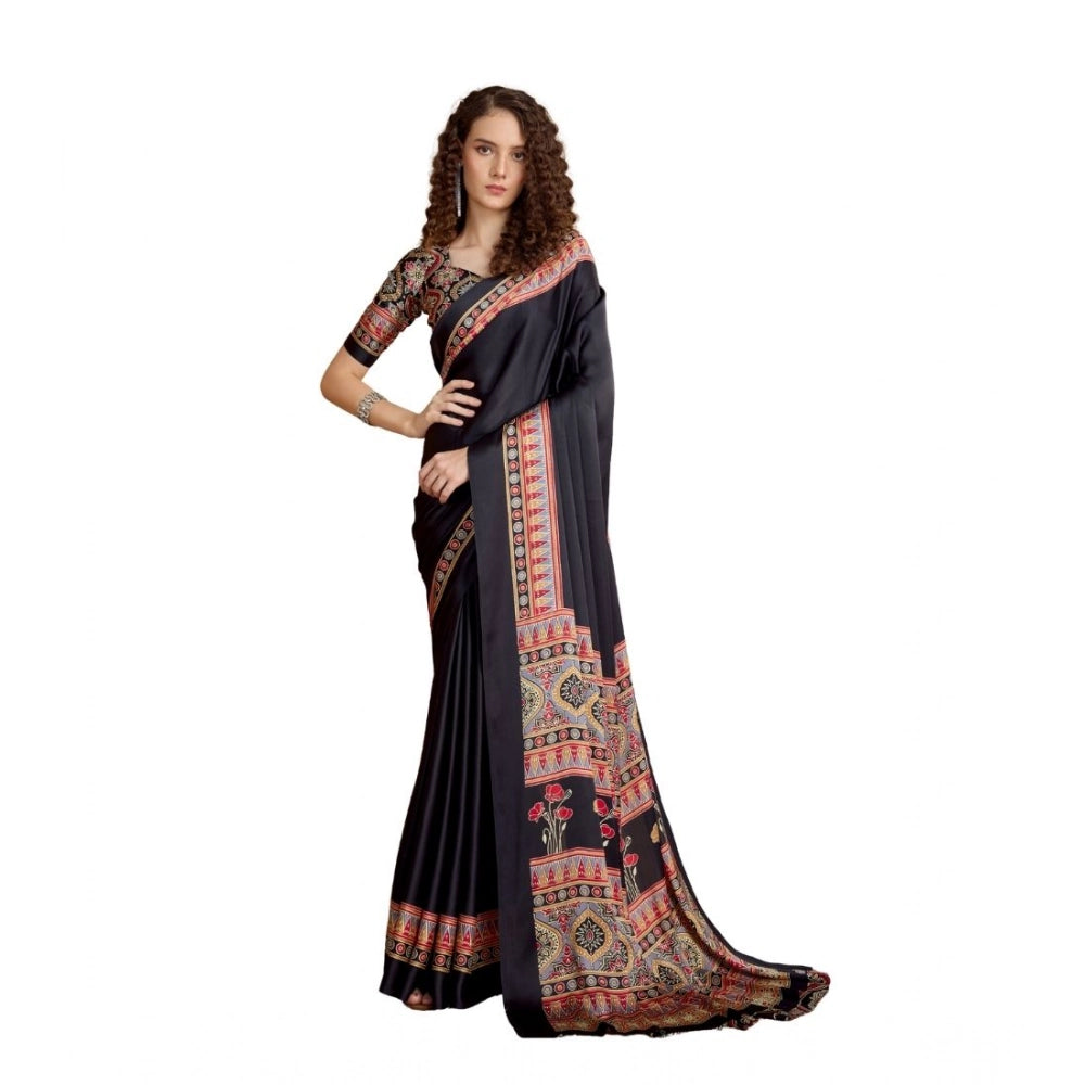 Generic Women's Satin Crepe Printed Saree With Unstitched Blouse 5.5Mtr (Black)