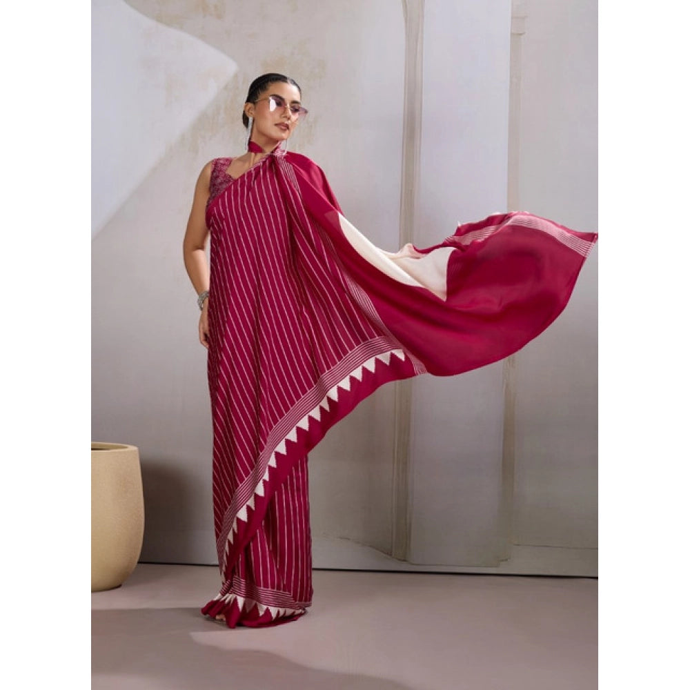 Generic Women's Satin Crepe Printed Saree With Unstitched Blouse 5.5Mtr (Maroon)