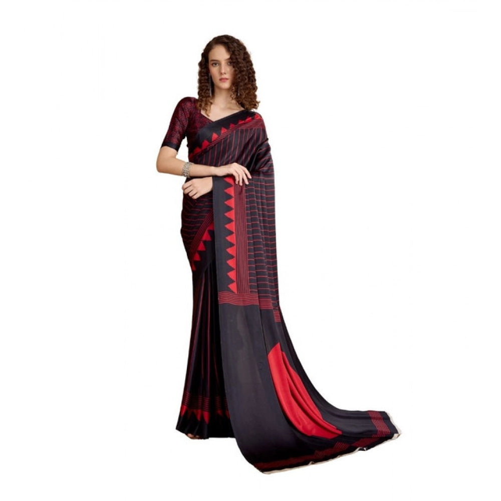 Generic Women's Satin Crepe Printed Saree With Unstitched Blouse 5.5Mtr (Black)