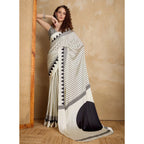 Generic Women's Satin Crepe Printed Saree With Unstitched Blouse 5.5Mtr (White)