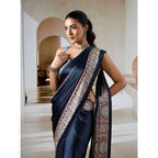 Generic Women's Satin Crepe Printed Saree With Unstitched Blouse 5.5Mtr (Navy Blue)
