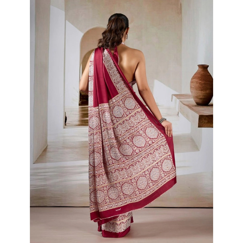 Generic Women's Satin Crepe Printed Saree With Unstitched Blouse 5.5Mtr (Maroon)