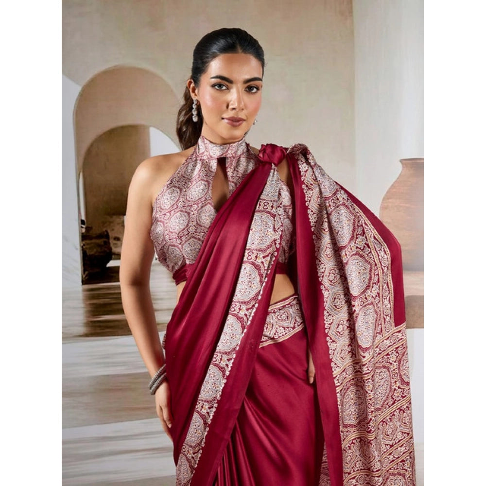 Generic Women's Satin Crepe Printed Saree With Unstitched Blouse 5.5Mtr (Maroon)