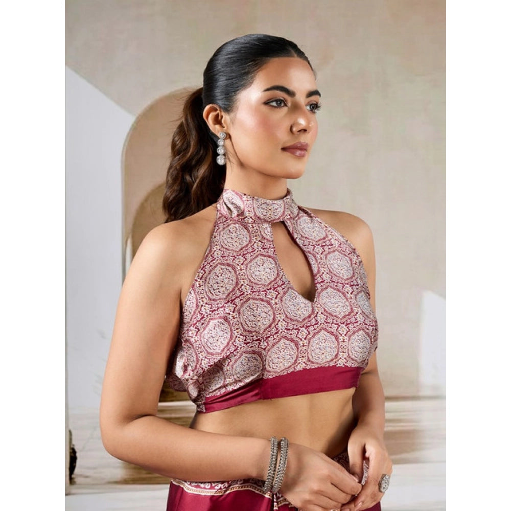 Generic Women's Satin Crepe Printed Saree With Unstitched Blouse 5.5Mtr (Maroon)