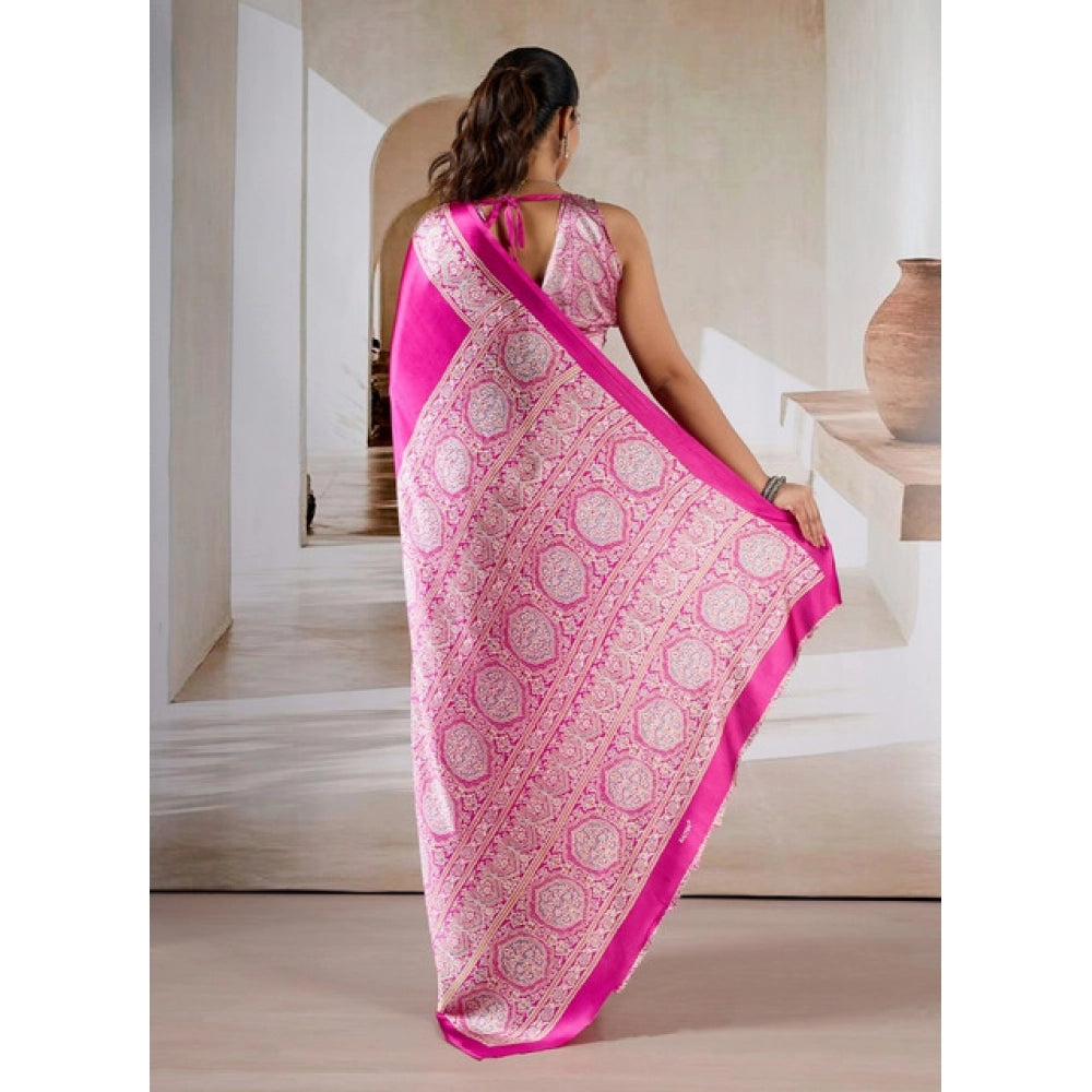 Generic Women's Satin Crepe Printed Saree With Unstitched Blouse 5.5Mtr (Pink)