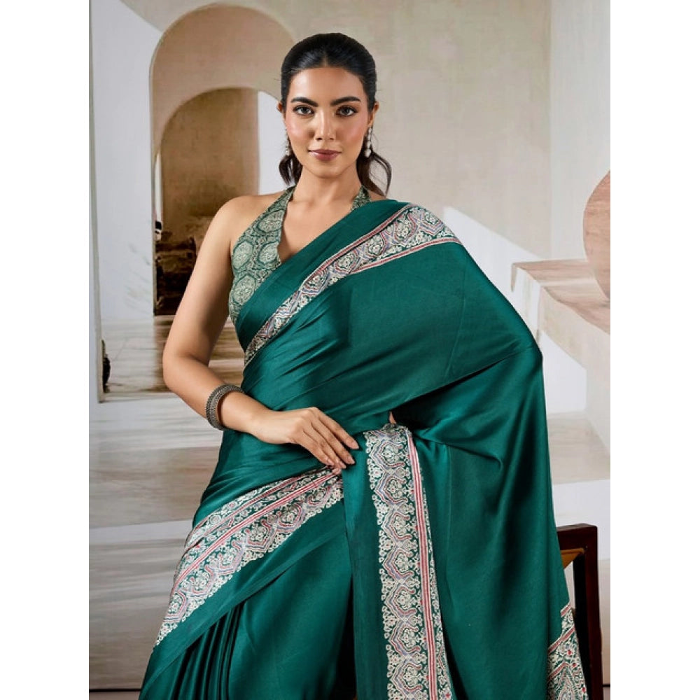 Generic Women's Satin Crepe Printed Saree With Unstitched Blouse 5.5Mtr (Green)