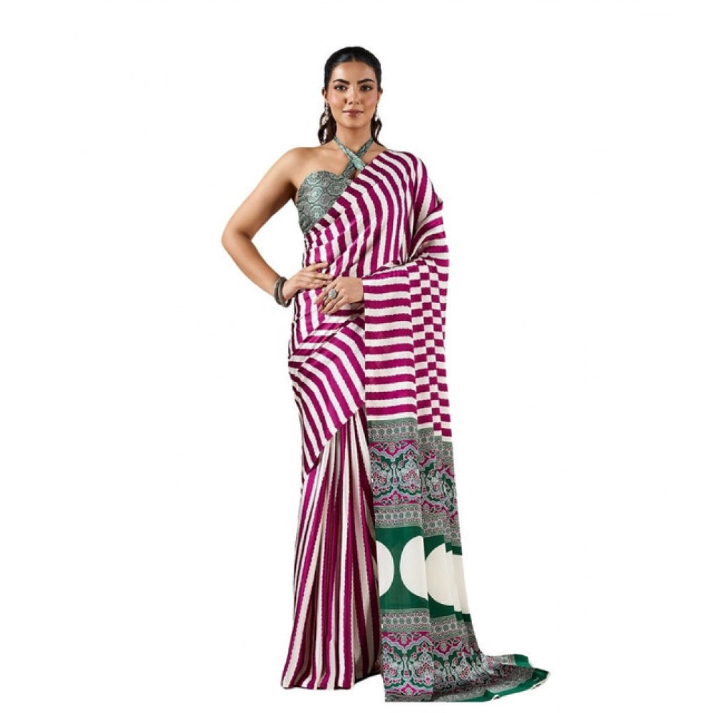 Generic Women's Satin Crepe Printed Saree With Unstitched Blouse 5.5Mtr (Magenta)