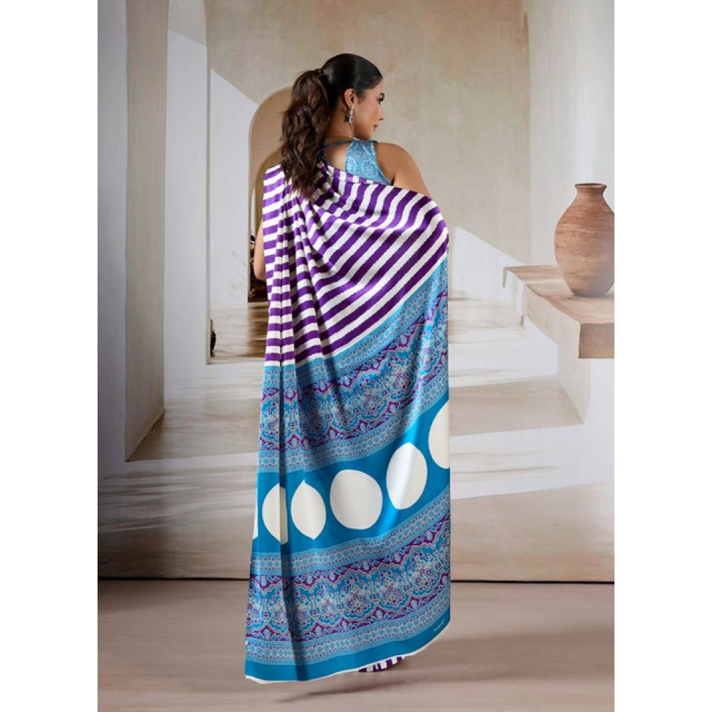Generic Women's Satin Crepe Printed Saree With Unstitched Blouse 5.5Mtr (Purple)