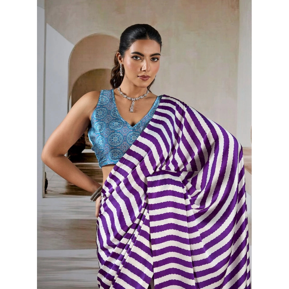 Generic Women's Satin Crepe Printed Saree With Unstitched Blouse 5.5Mtr (Purple)