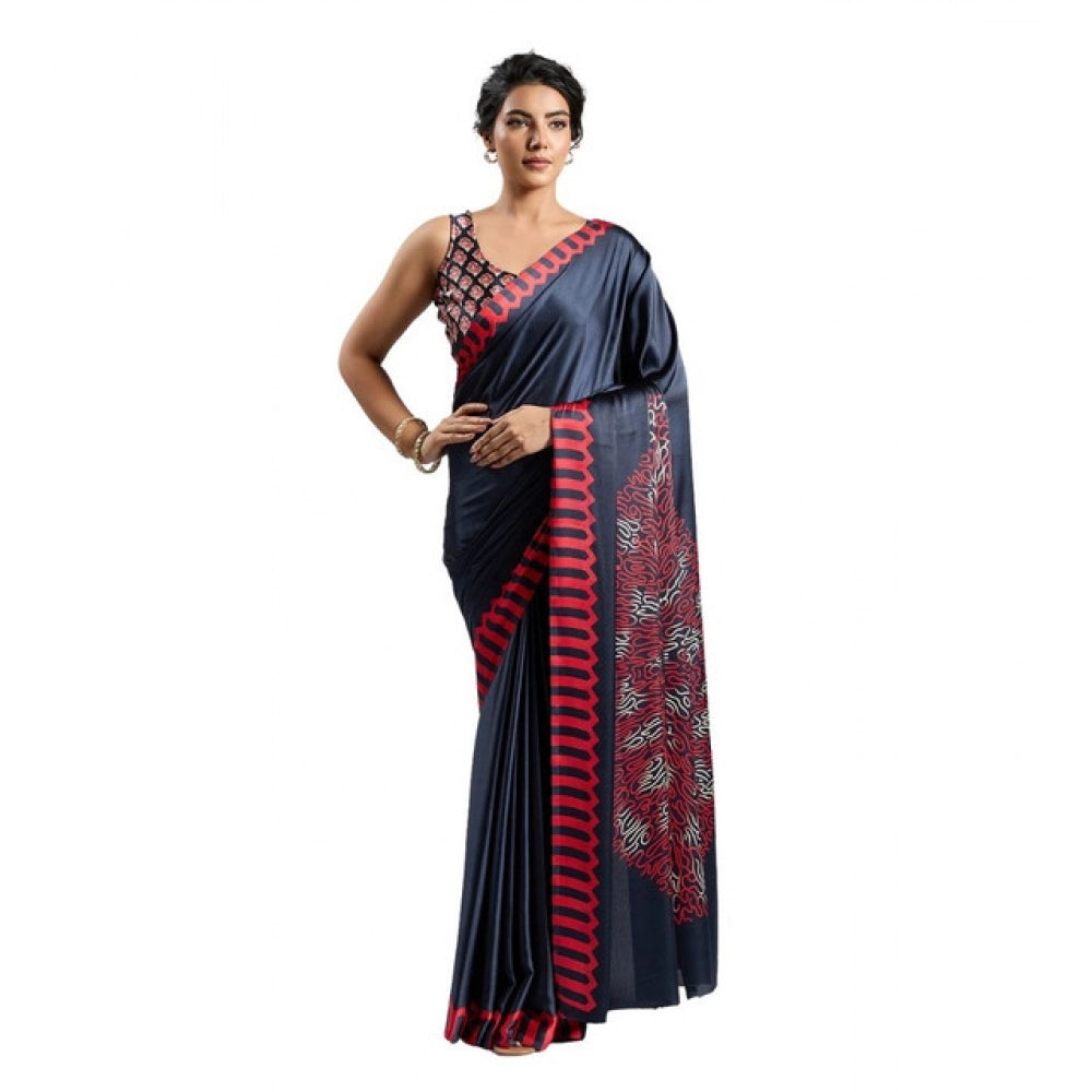 Generic Women's Satin Crepe Printed Saree With Unstitched Blouse 5.5Mtr (Navy Blue)