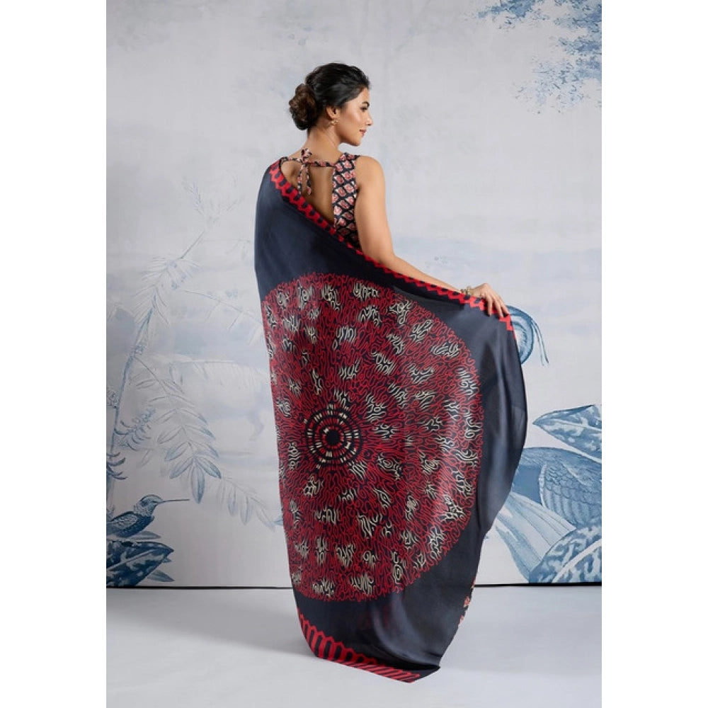 Generic Women's Satin Crepe Printed Saree With Unstitched Blouse 5.5Mtr (Navy Blue)