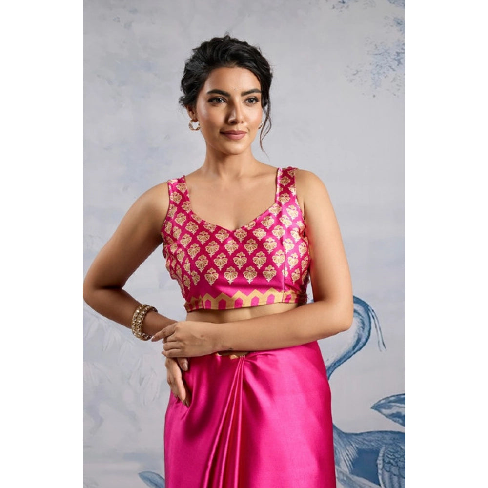 Generic Women's Satin Crepe Printed Saree With Unstitched Blouse 5.5Mtr (Pink)