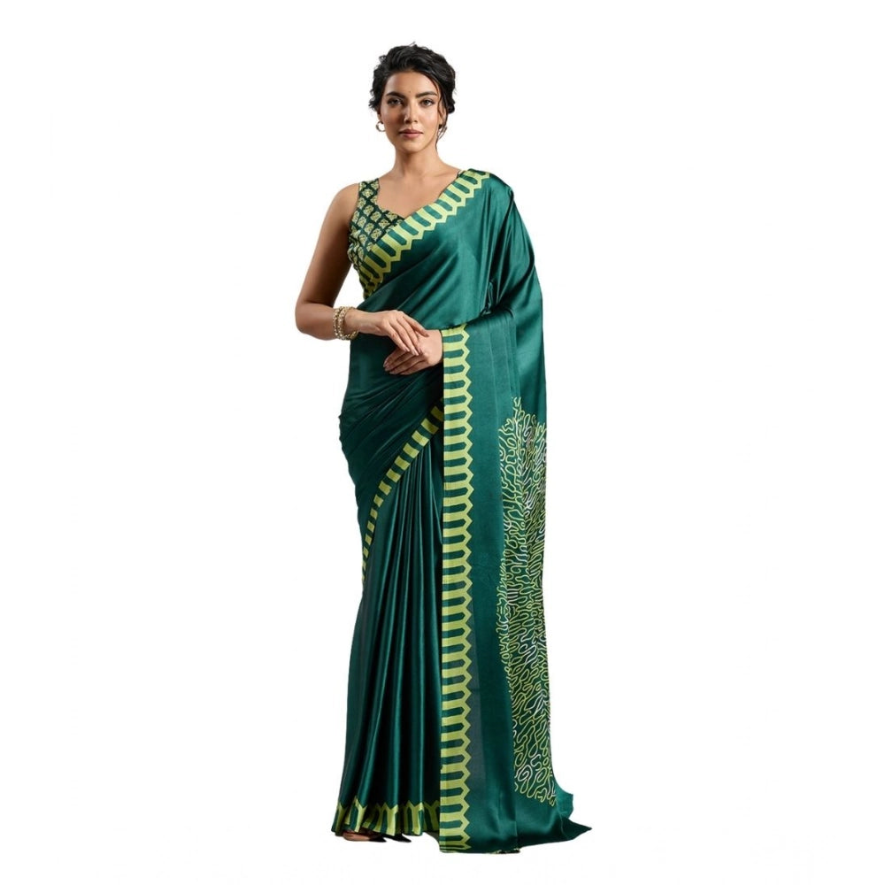 Generic Women's Satin Crepe Printed Saree With Unstitched Blouse 5.5Mtr (Green)