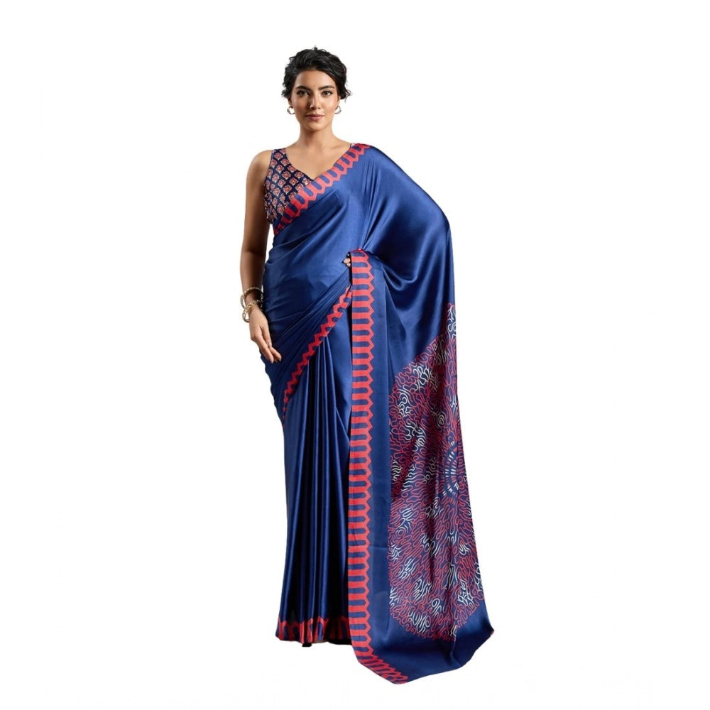 Generic Women's Satin Crepe Printed Saree With Unstitched Blouse 5.5Mtr (Blue)