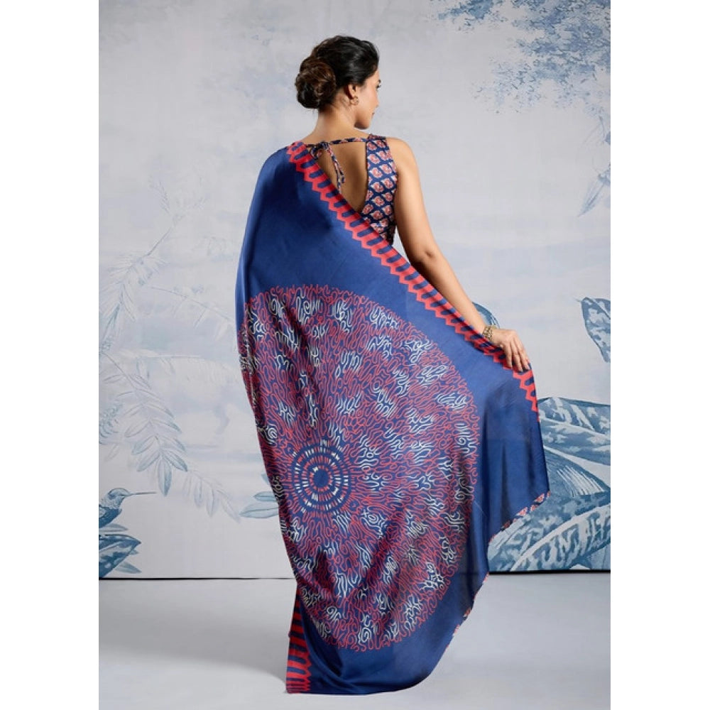 Generic Women's Satin Crepe Printed Saree With Unstitched Blouse 5.5Mtr (Blue)
