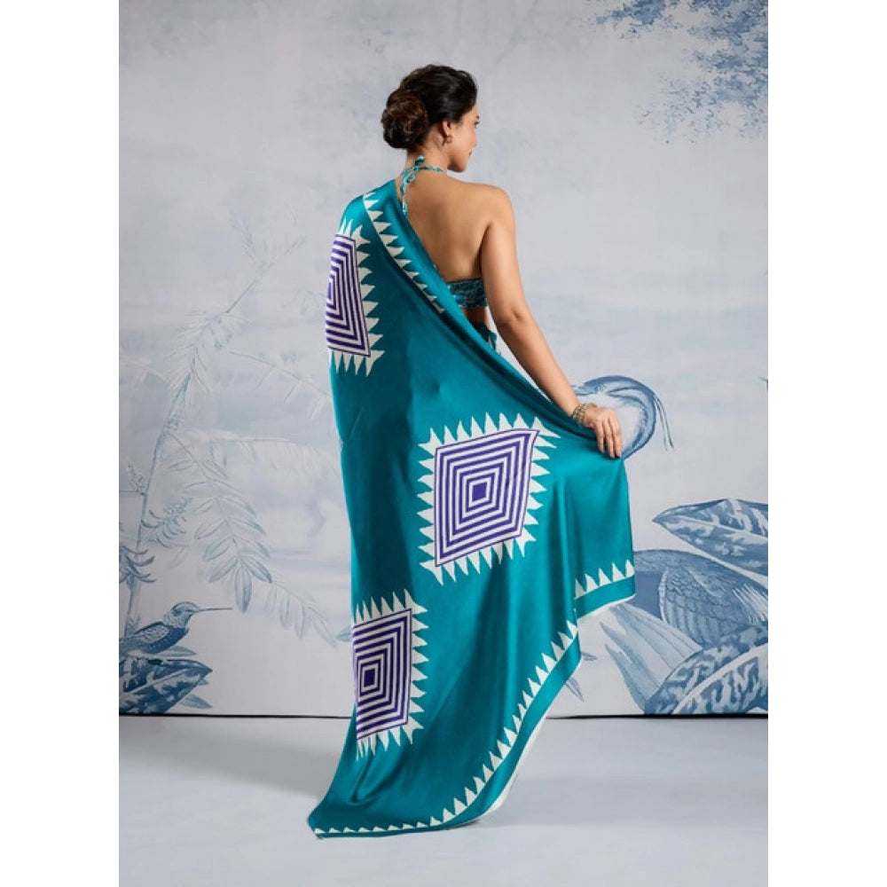 Generic Women's Satin Crepe Printed Saree With Unstitched Blouse 5.5Mtr (Rama Blue)