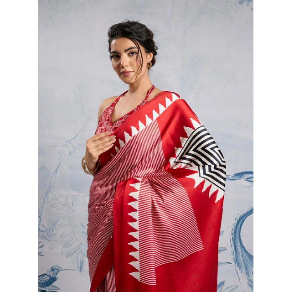 Generic Women's Satin Crepe Printed Saree With Unstitched Blouse 5.5Mtr (Red)