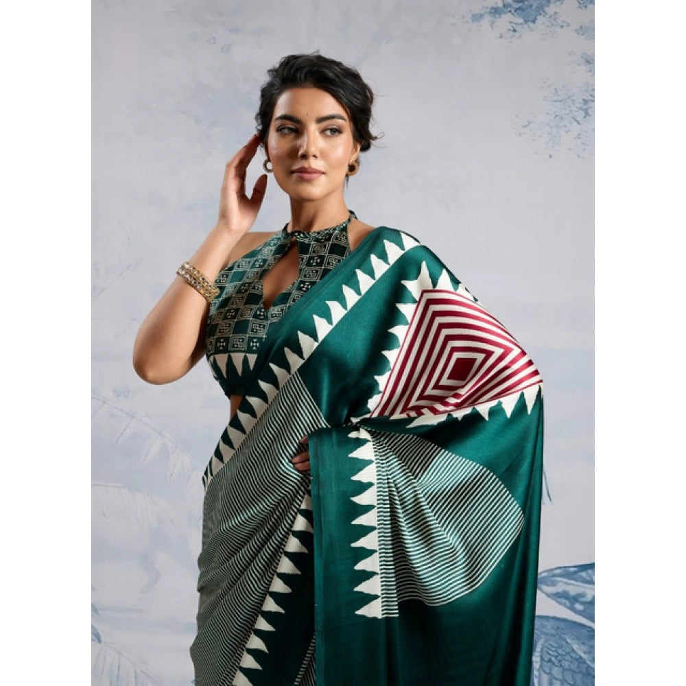 Generic Women's Satin Crepe Printed Saree With Unstitched Blouse 5.5Mtr (Green)
