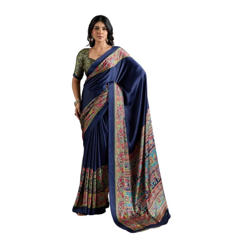 Generic Women's Satin Crepe Printed Saree With Unstitched Blouse 5.5Mtr (Navy Blue)