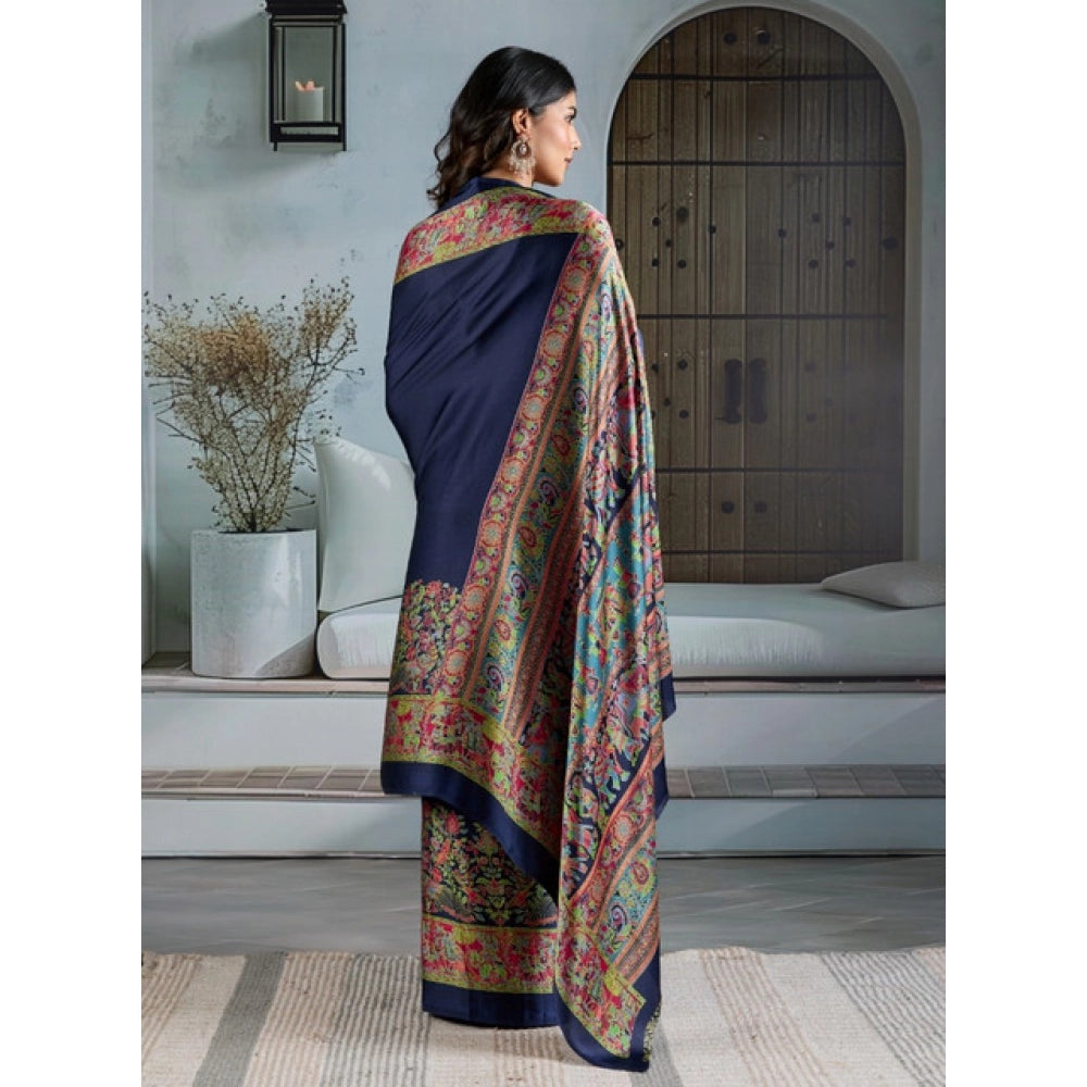 Generic Women's Satin Crepe Printed Saree With Unstitched Blouse 5.5Mtr (Navy Blue)