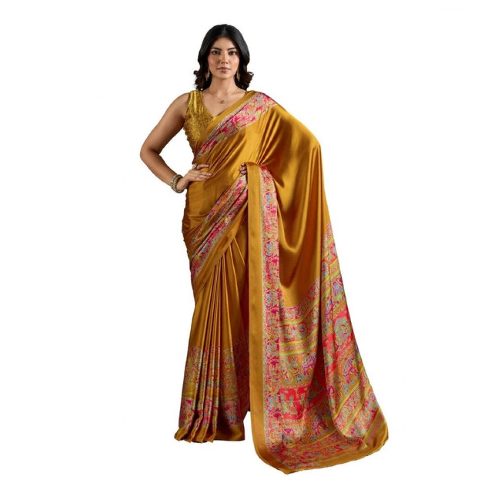 Generic Women's Satin Crepe Printed Saree With Unstitched Blouse 5.5Mtr (Mustard)