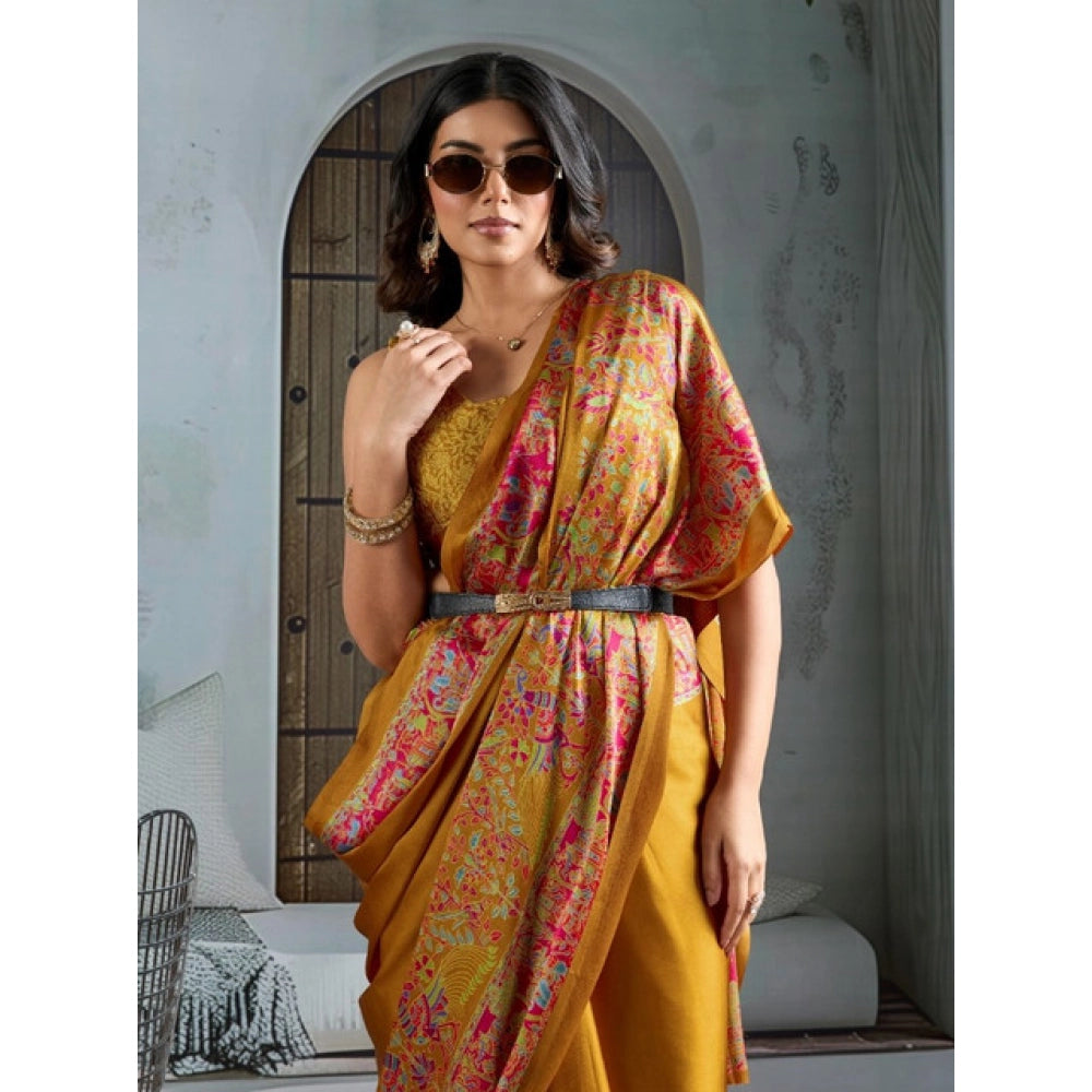 Generic Women's Satin Crepe Printed Saree With Unstitched Blouse 5.5Mtr (Mustard)