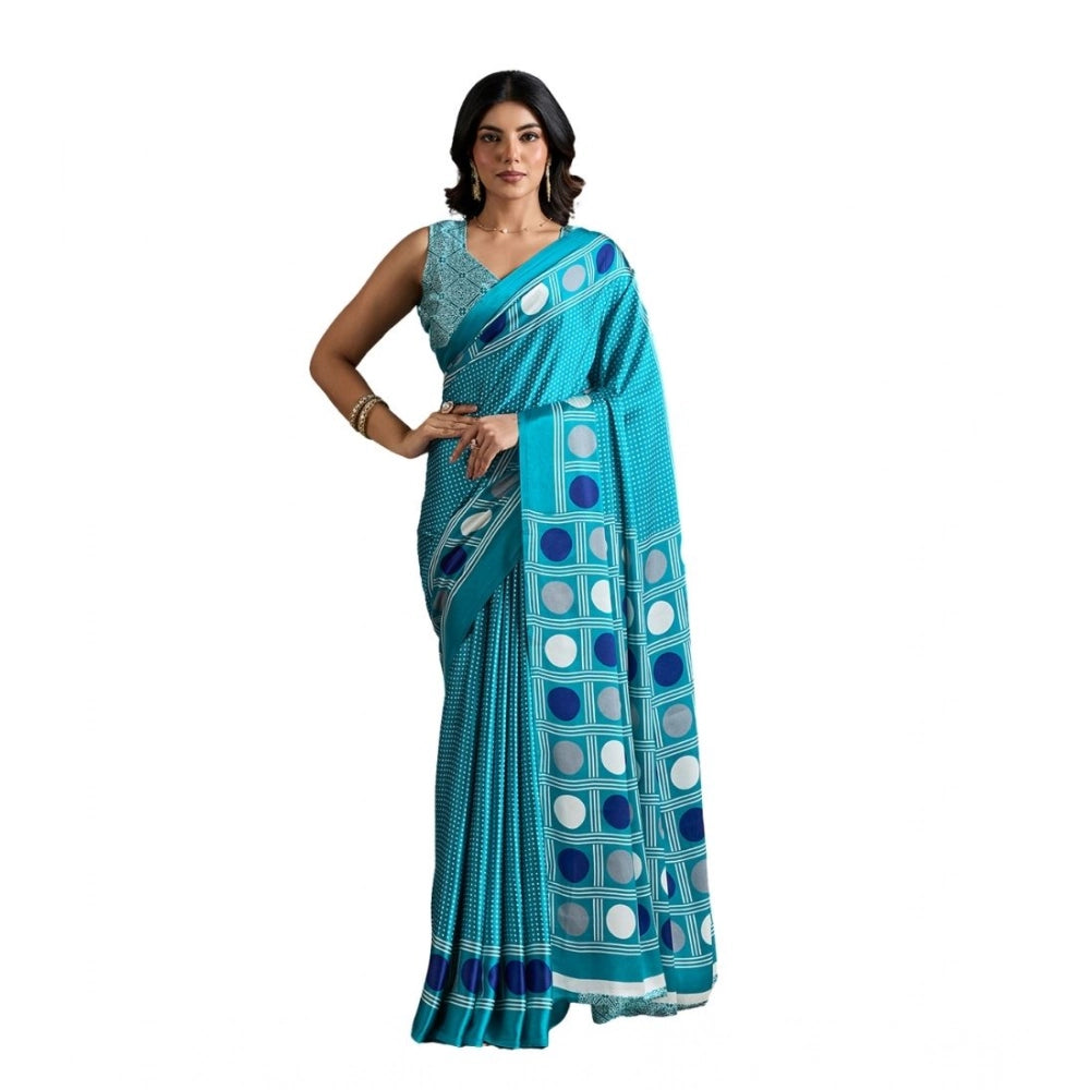 Generic Women's Satin Crepe Printed Saree With Unstitched Blouse 5.5Mtr (Sky Blue)