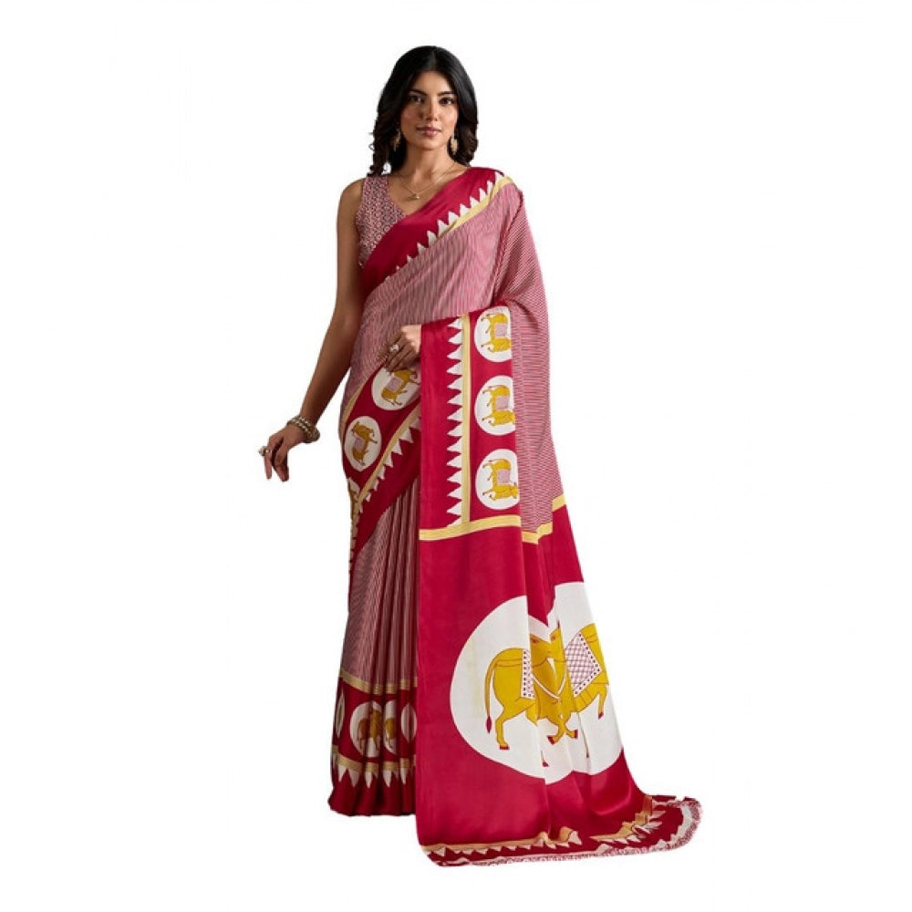 Generic Women's Satin Crepe Printed Saree With Unstitched Blouse 5.5Mtr (Red)
